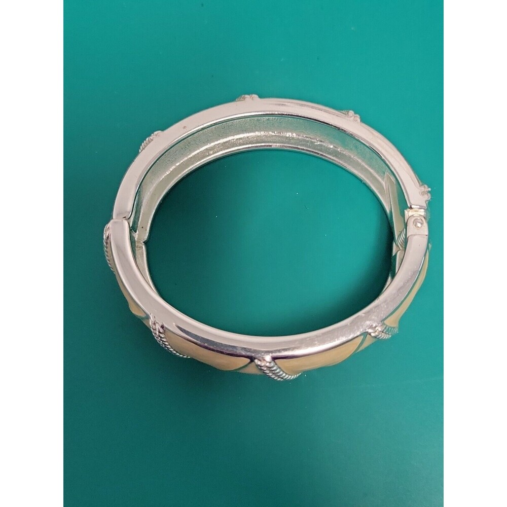 Vintage Tan Enamel Triangular Pattern Silver Tone… - image 2